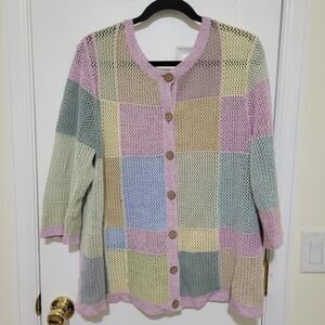 CJ Banks Pastel Patchwork Open Knit Mesh Cardigan Sweater Womens 1X Ramie Cotton